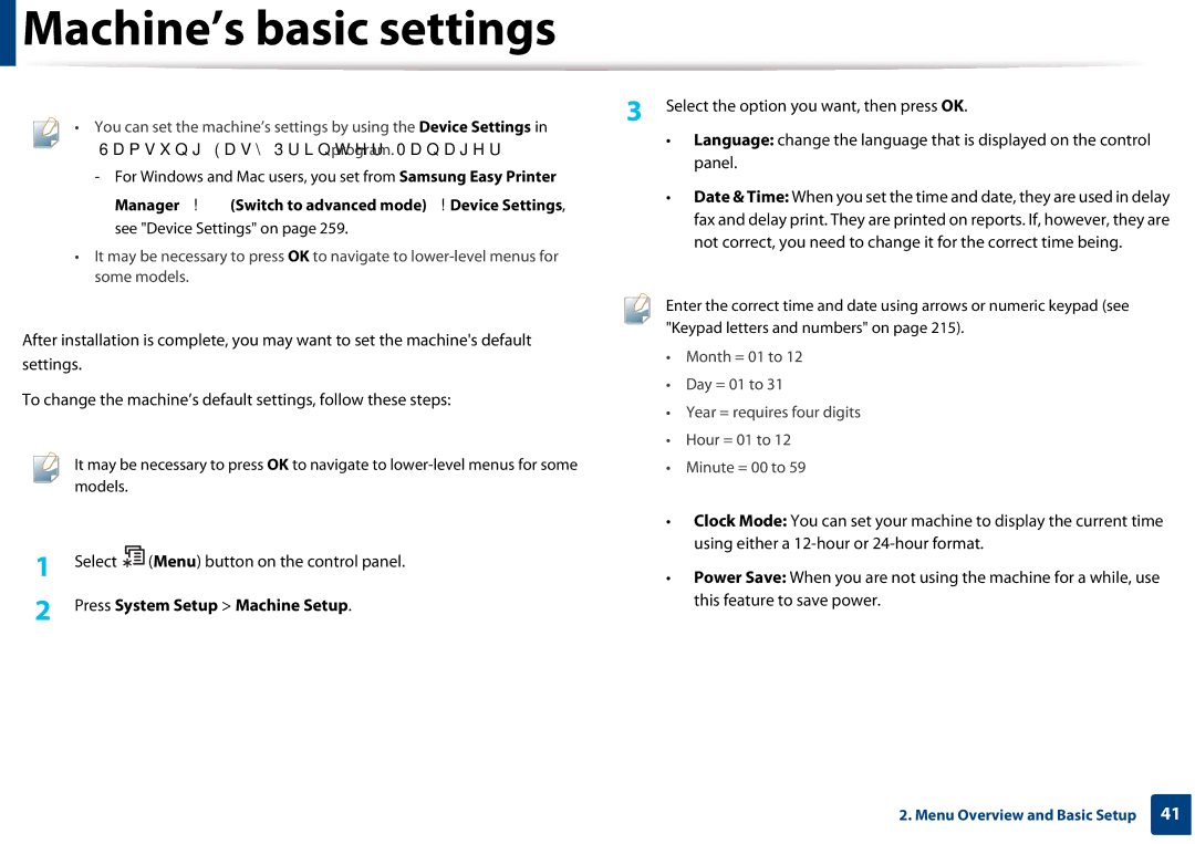 Samsung CLX-3305FW manual Machine’s basic settings, Select the option you want, then press OK, Panel 