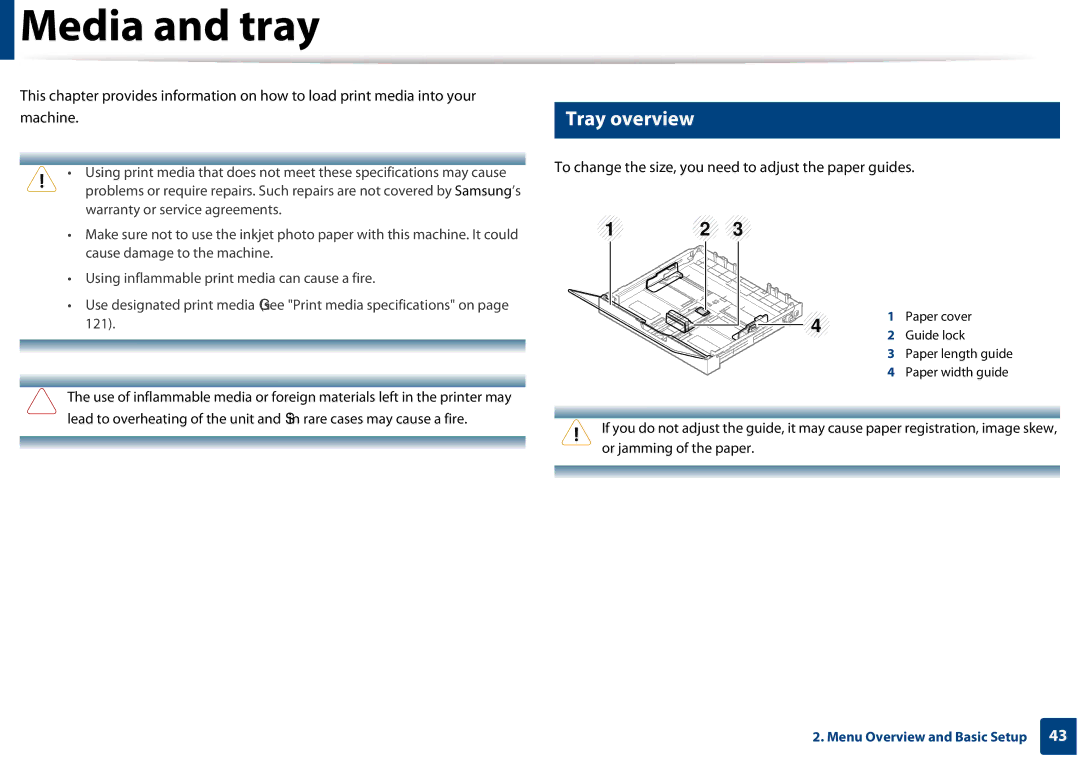 Samsung CLX-3305FW manual Media and tray, Tray overview, To change the size, you need to adjust the paper guides 