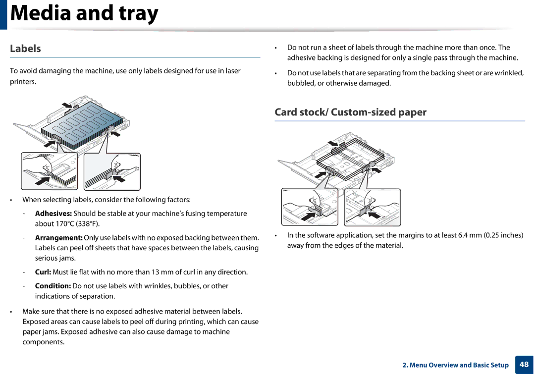 Samsung CLX-3305FW manual Labels, Card stock/ Custom-sized paper 