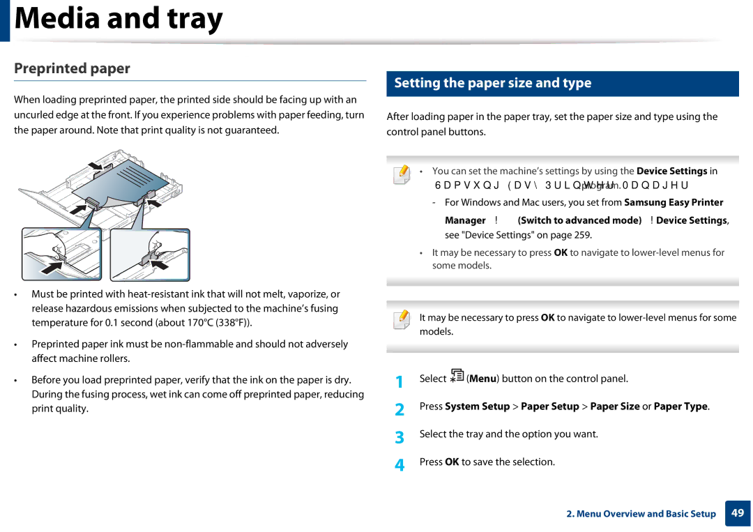 Samsung CLX-3305FW manual Preprinted paper, Setting the paper size and type 