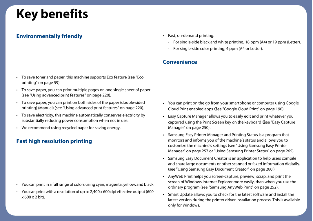 Samsung CLX-3305FW manual Key benefits, Environmentally friendly 