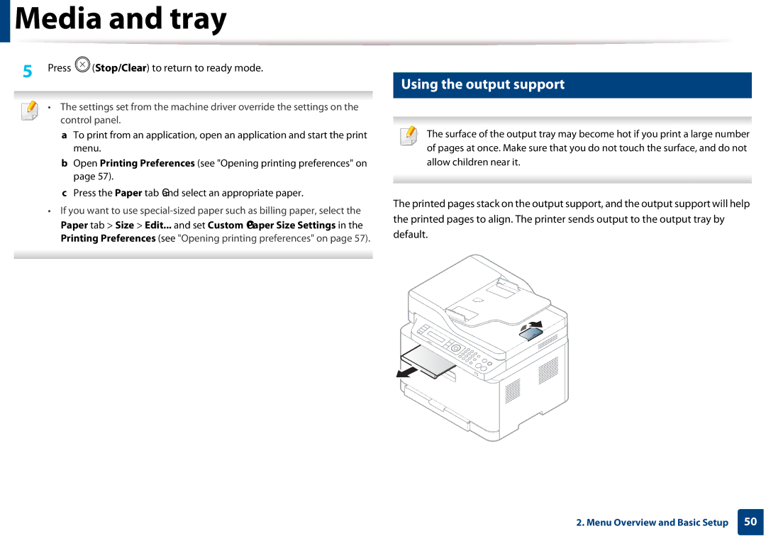 Samsung CLX-3305FW manual Using the output support, Press Stop/Clear to return to ready mode 