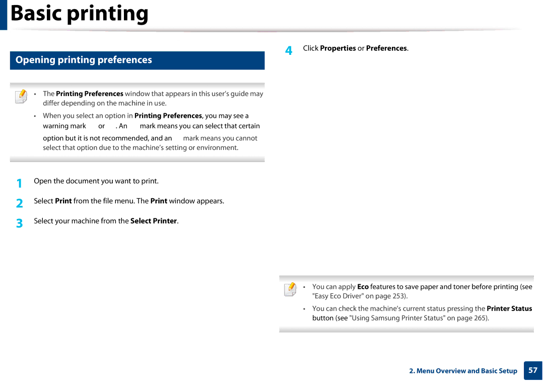 Samsung CLX-3305FW manual Opening printing preferences, Click Properties or Preferences 