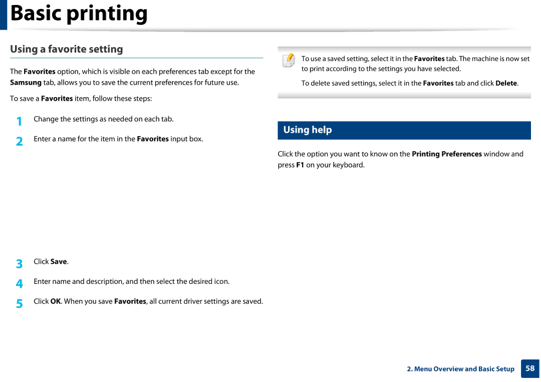 Samsung CLX-3305FW manual Using a favorite setting, Using help 