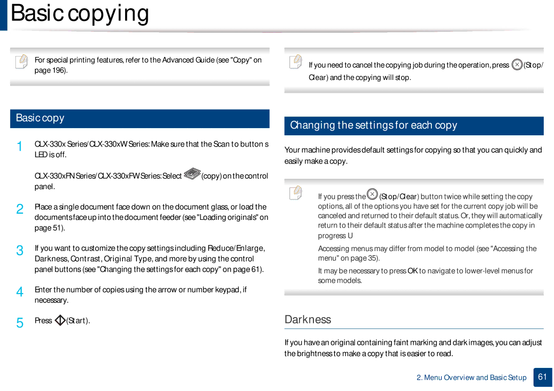 Samsung CLX-3305FW manual Basic copying, Darkness, Changing the settings for each copy 