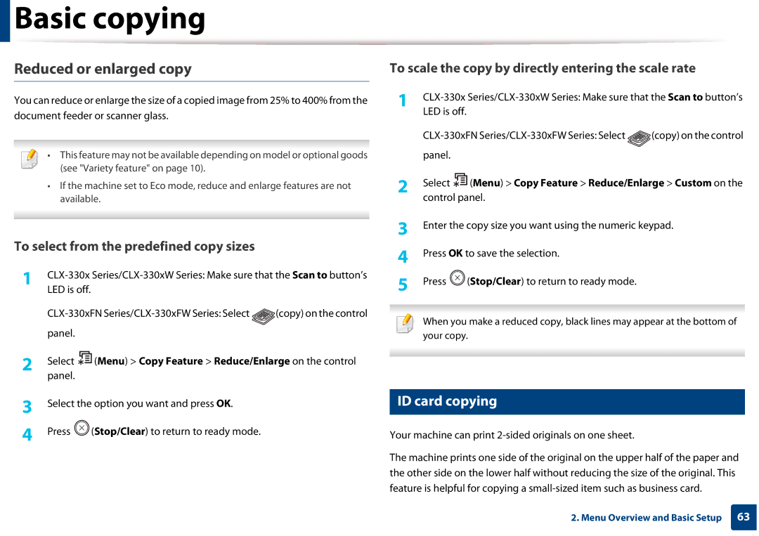 Samsung CLX-3305FW manual Reduced or enlarged copy, ID card copying 