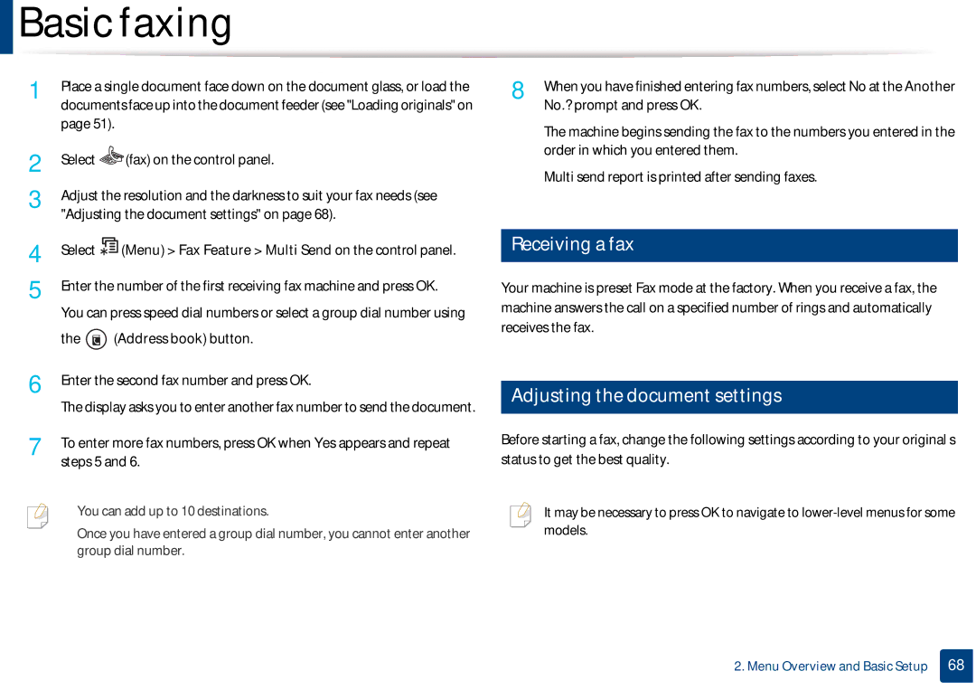 Samsung CLX-3305FW manual Receiving a fax, Adjusting the document settings 