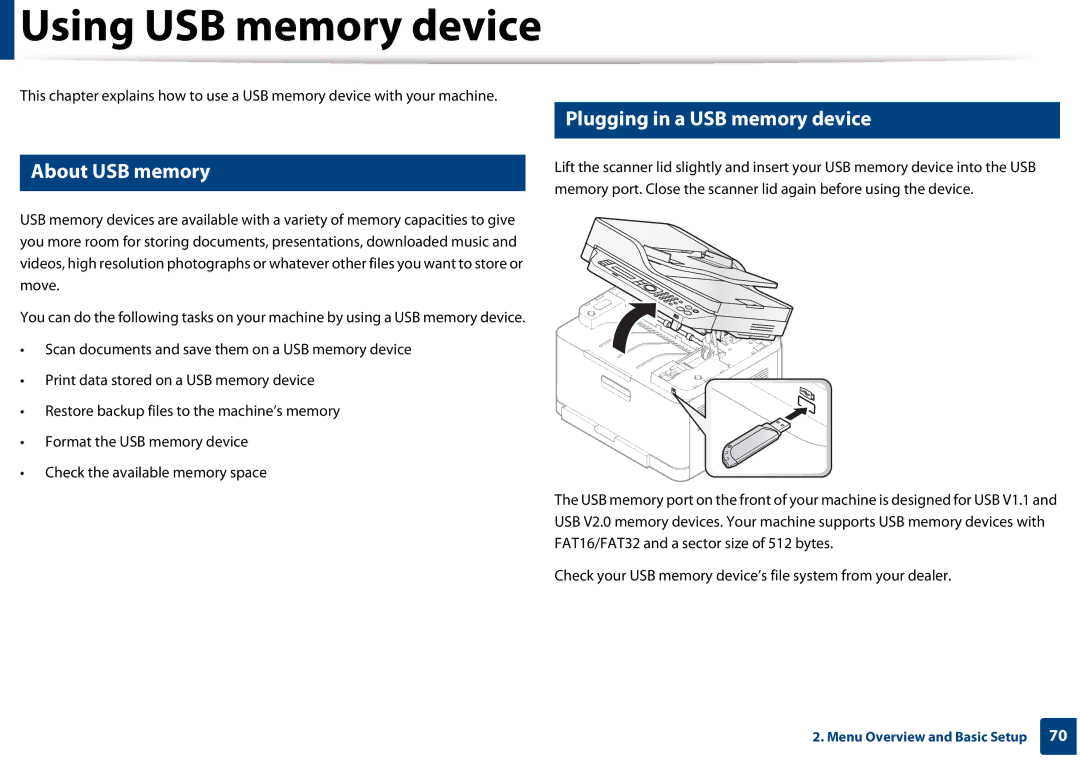 Samsung CLX-3305FW manual Using USB memory device, About USB memory, Plugging in a USB memory device 