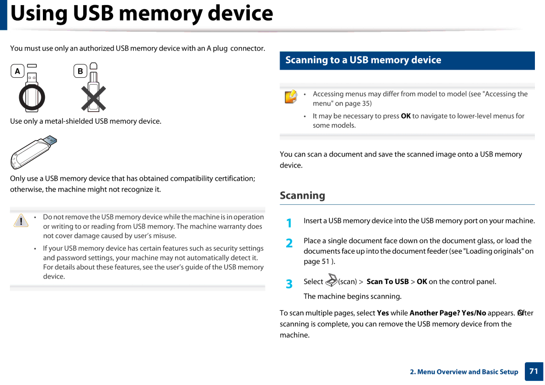 Samsung CLX-3305FW manual Scanning to a USB memory device 