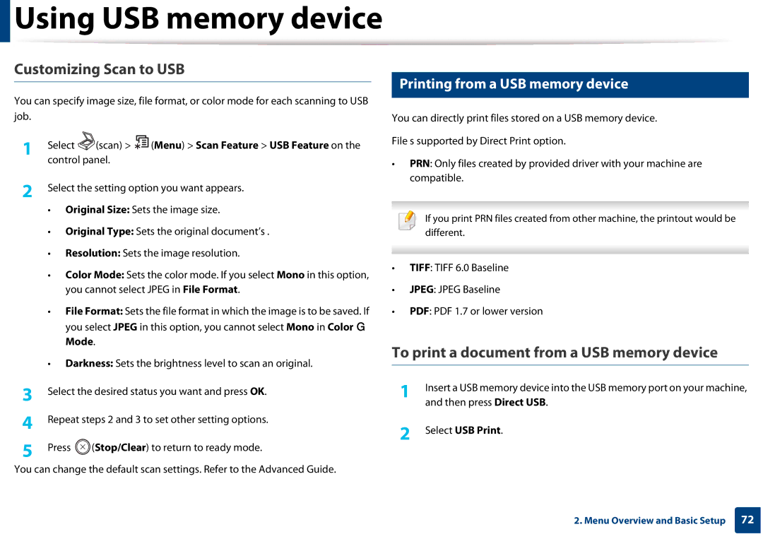 Samsung CLX-3305FW manual Customizing Scan to USB, To print a document from a USB memory device, Select USB Print 