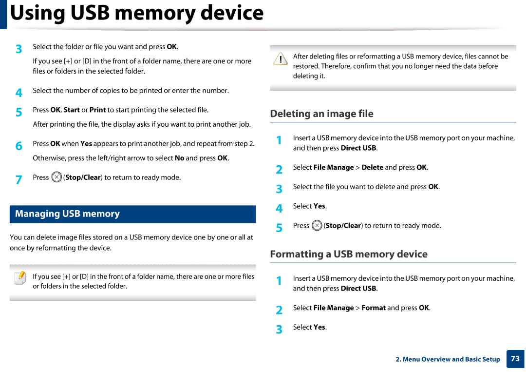 Samsung CLX-3305FW manual Deleting an image file, Formatting a USB memory device, Managing USB memory 