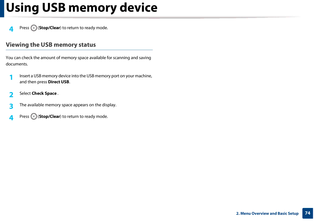 Samsung CLX-3305FW manual Viewing the USB memory status, Select Check Space 