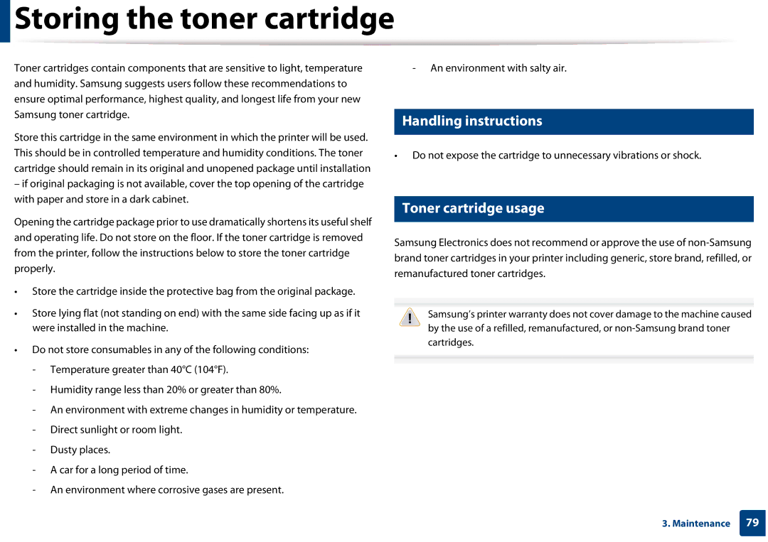 Samsung CLX-3305FW manual Storing the toner cartridge, Handling instructions, Toner cartridge usage 