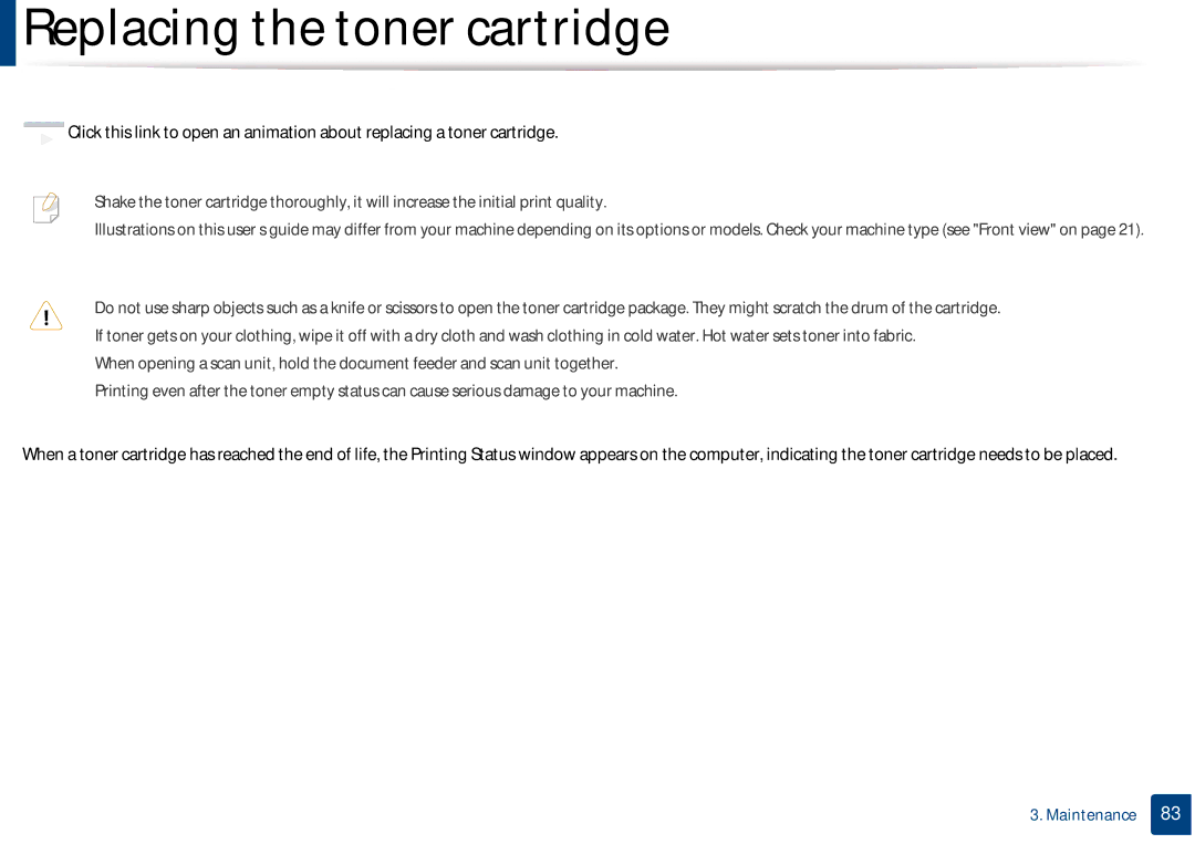 Samsung CLX-3305FW manual Replacing the toner cartridge 