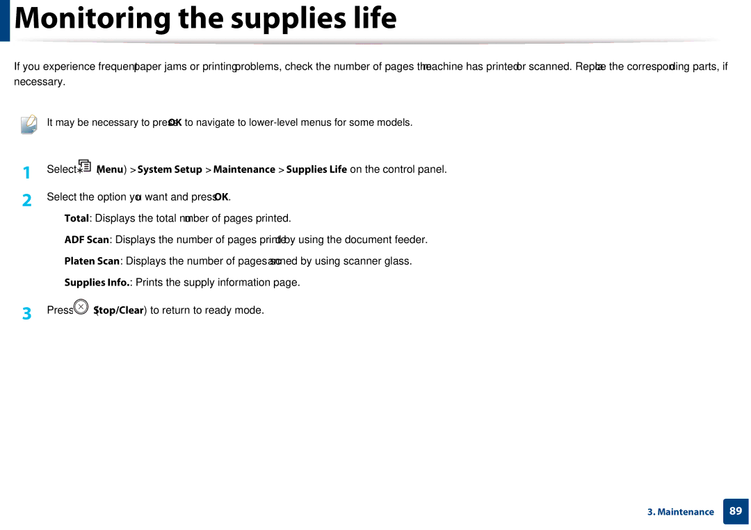 Samsung CLX-3305FW manual Monitoring the supplies life 