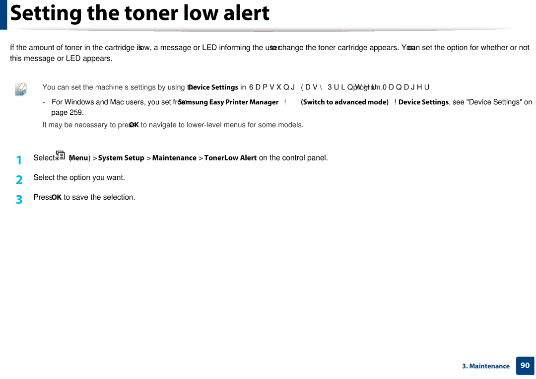 Samsung CLX-3305FW manual Setting the toner low alert, Select the option you want Press OK to save the selection 