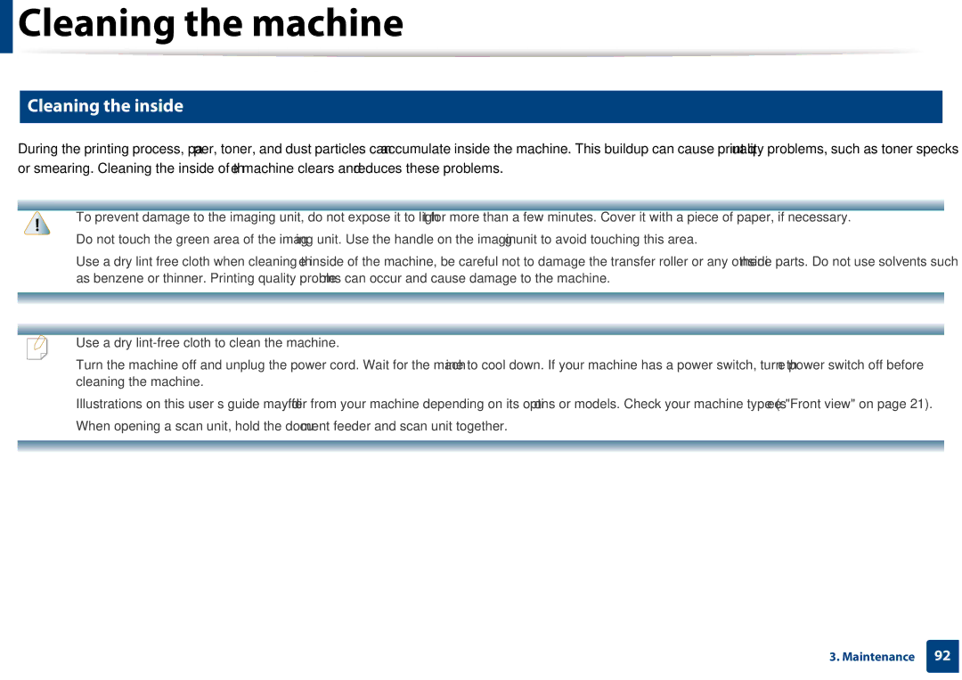 Samsung CLX-3305FW manual Cleaning the inside 