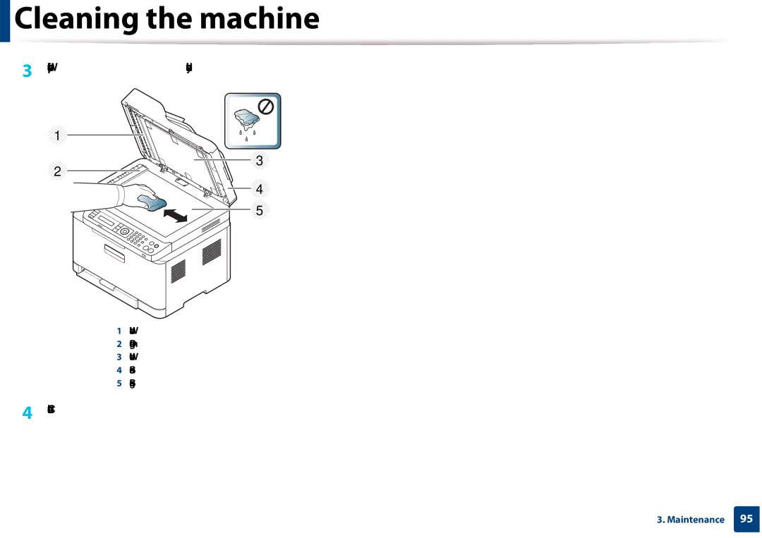 Samsung CLX-3305FW manual Wipe the surface of the scanner until it is clean and dry, Close the scanner lid 