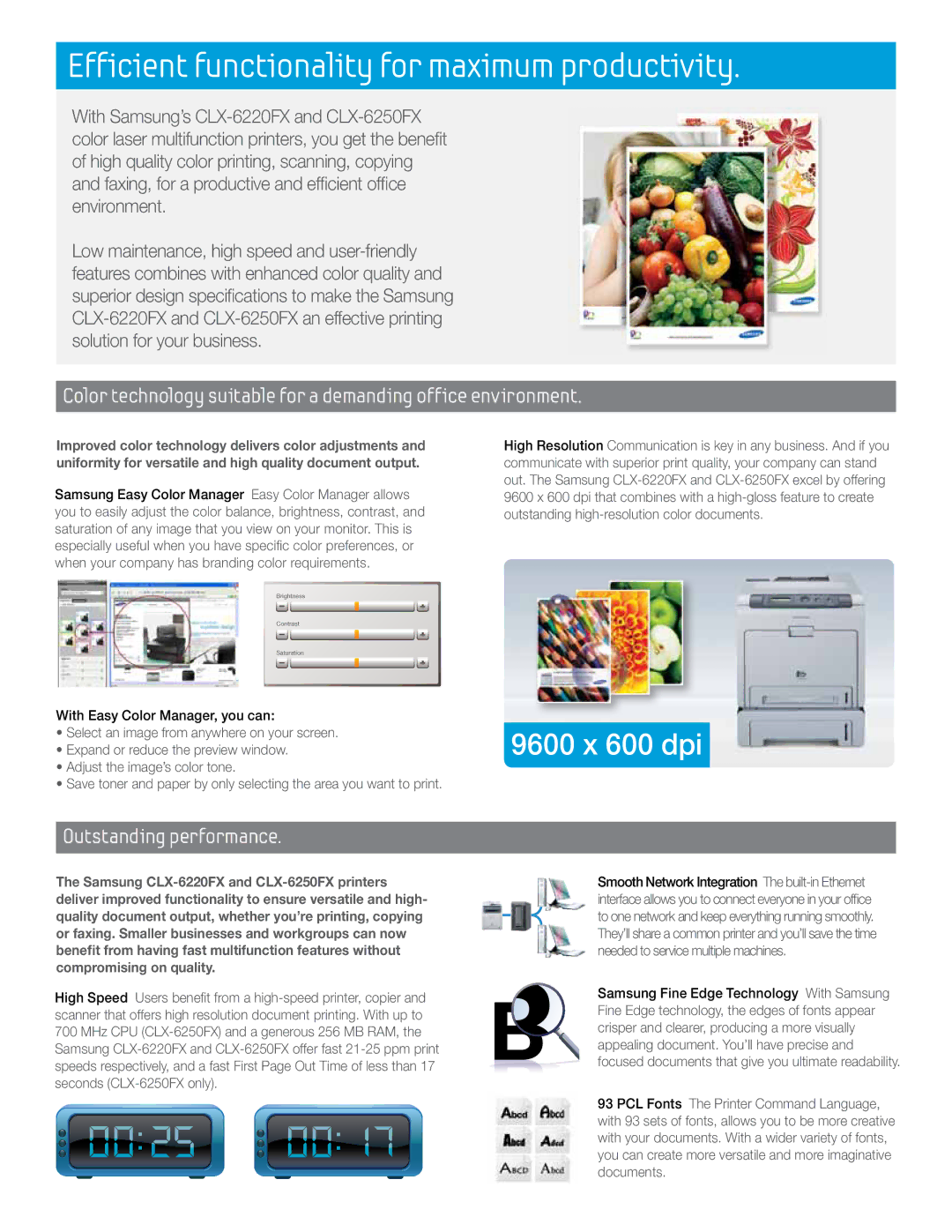 Samsung CLX-6220FX, CLX-6250FX manual Color technology suitable for a demanding office environment, Outstanding performance 