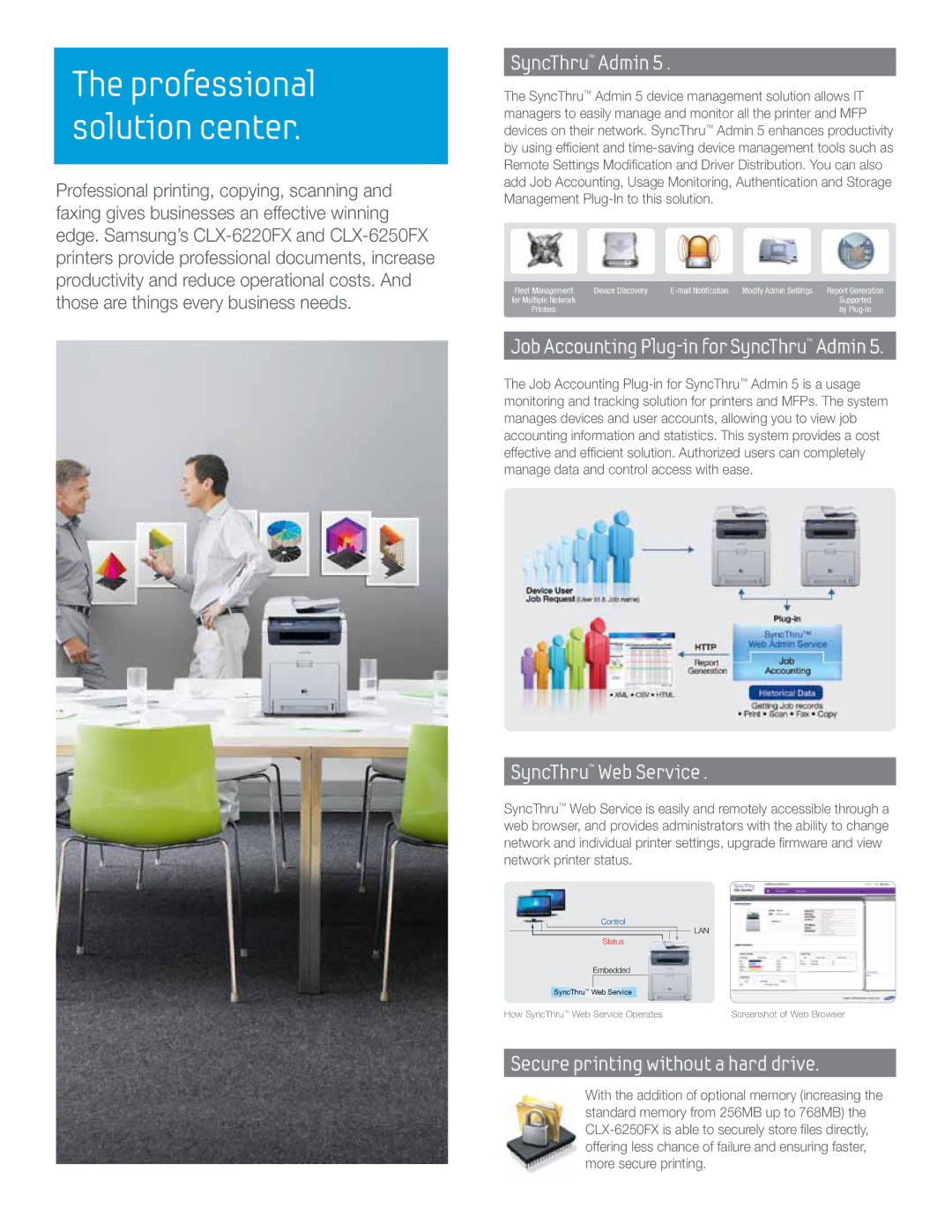 Samsung CLX-6220FX manual Professional solution center, Job Accounting Plug-in for SyncThru Admin, SyncThru Web Service 