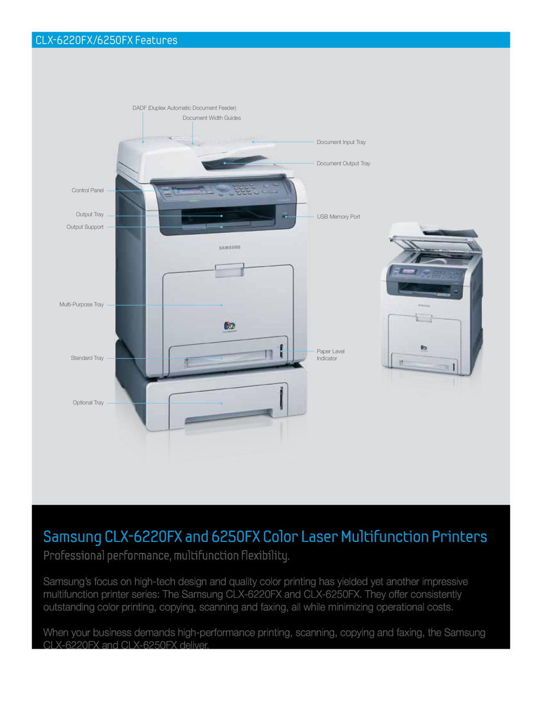 Samsung CLX-6250FX manual CLX-6220FX/6250FX Features, Samsung CLX-6220FX and 6250FX Color Laser Multifunction Printers 