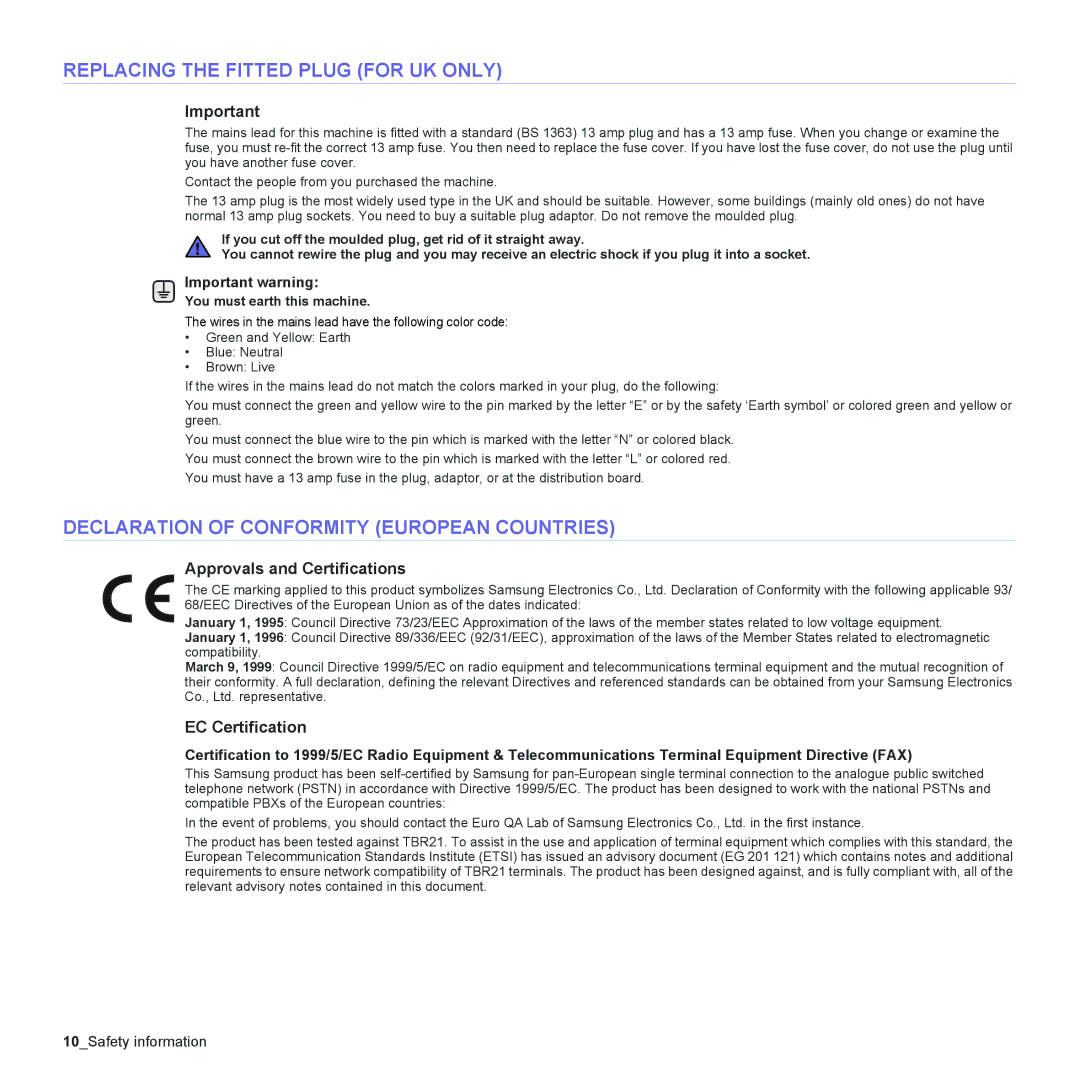 Samsung CLX-6240 Series, CLX-6200 manual Replacing the Fitted Plug for UK only, Declaration of Conformity European Countries 