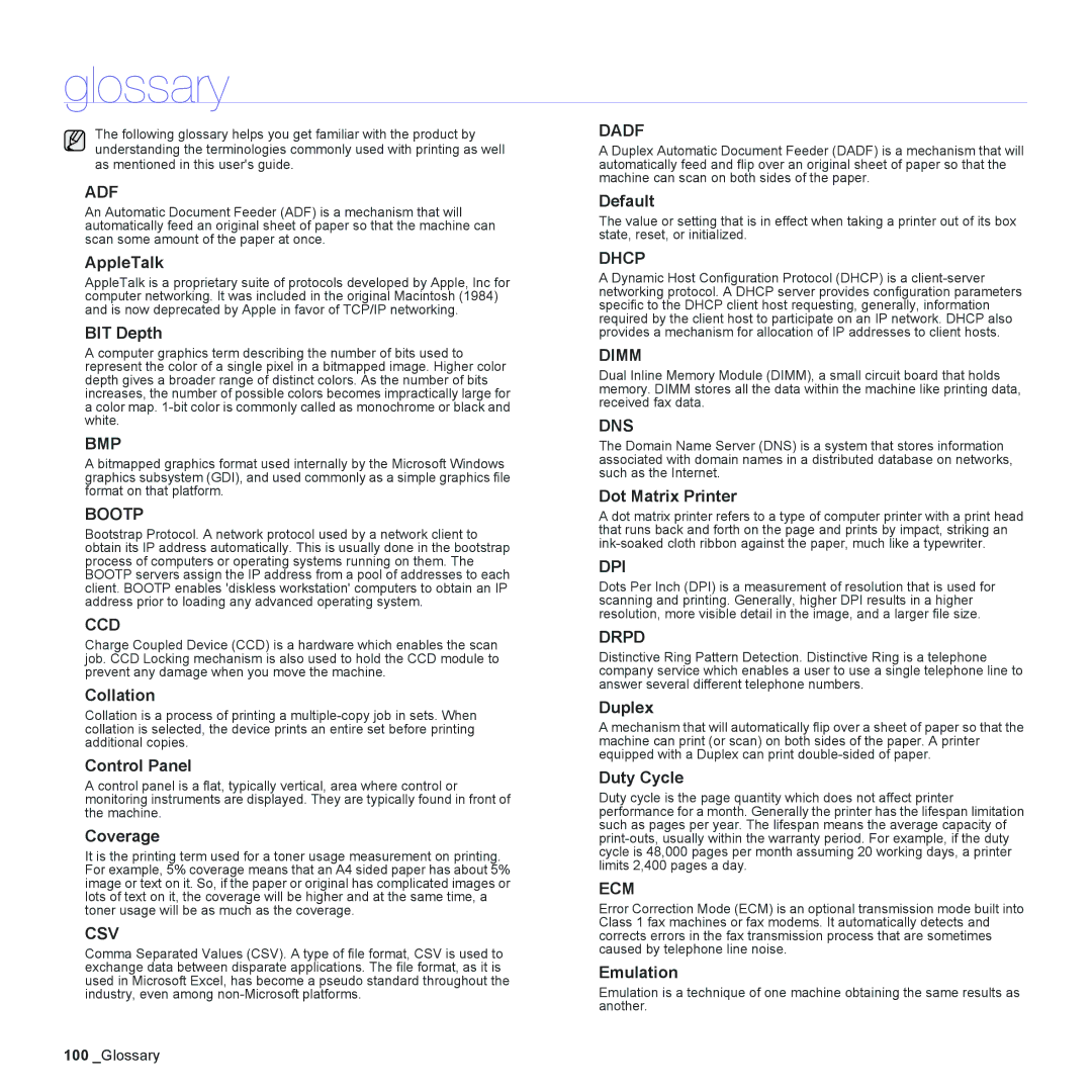 Samsung CLX-6240 Series, CLX-6200 manual Glossary 