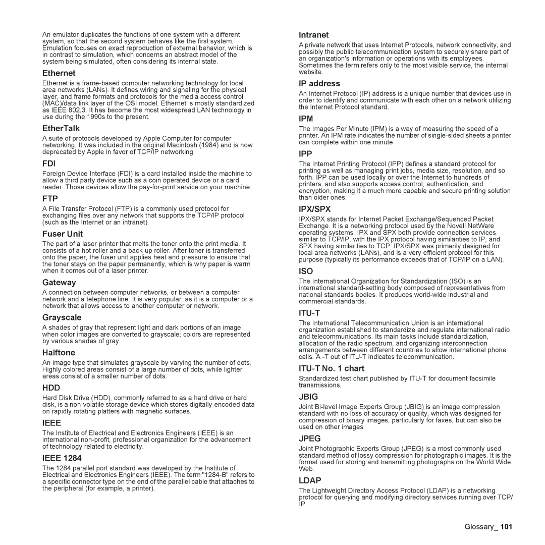 Samsung CLX-6200 Ethernet, EtherTalk, Fuser Unit, Gateway, Grayscale, Halftone, Ieee, Intranet, IP address, ITU-T No chart 