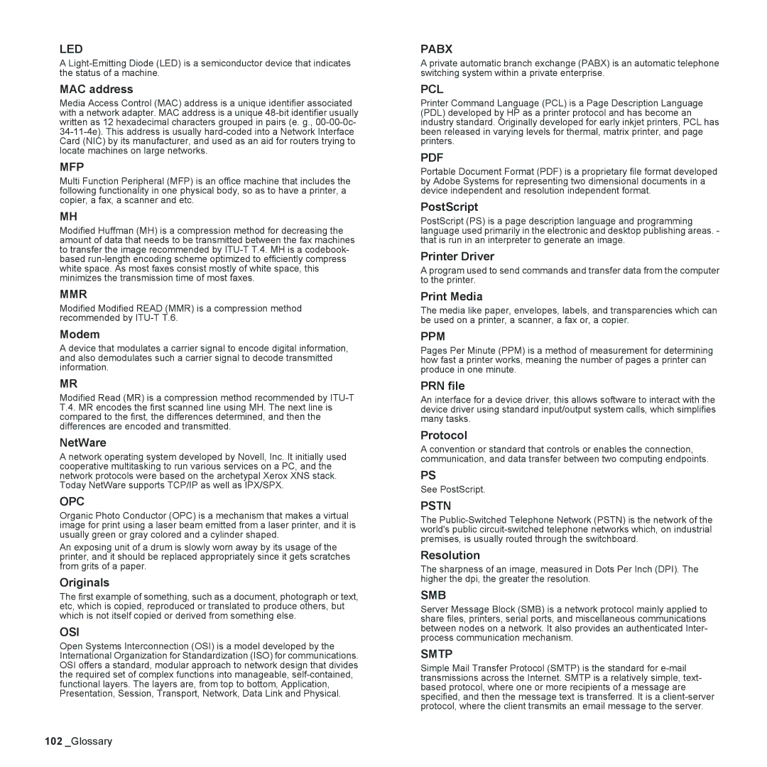 Samsung CLX-6240 Series manual MAC address, Modem, NetWare, Originals, PostScript, Printer Driver, Print Media, PRN file 