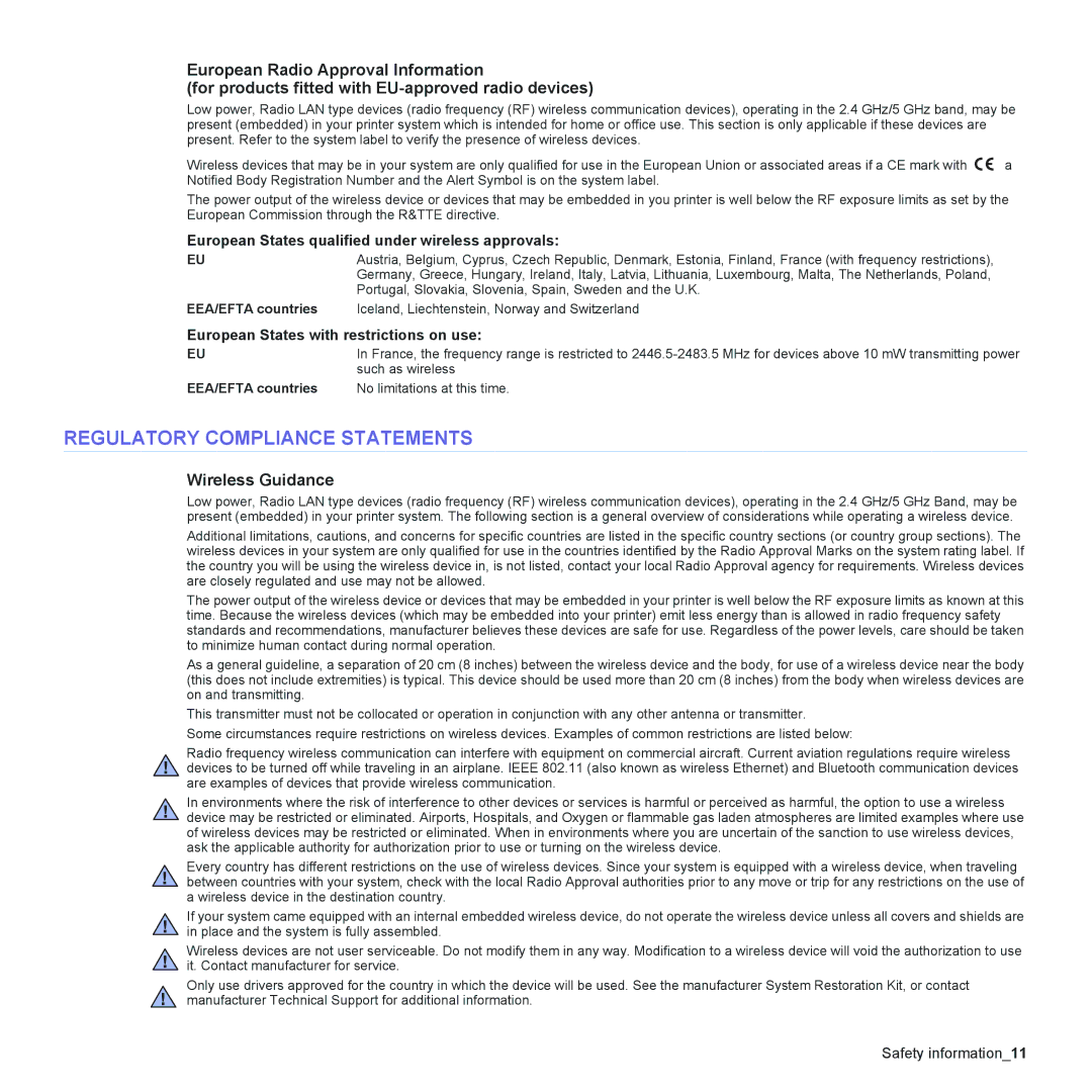 Samsung CLX-6200, CLX-6240 Series manual Regulatory Compliance Statements, Wireless Guidance, EEA/EFTA countries 