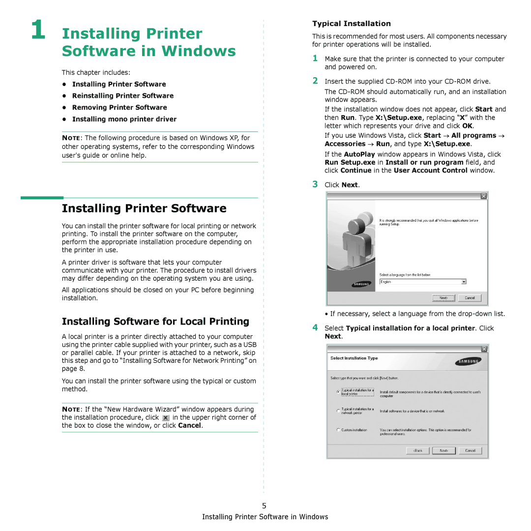 Samsung CLX-6200, CLX-6240 Series manual Installing Printer Software, Installing Software for Local Printing 