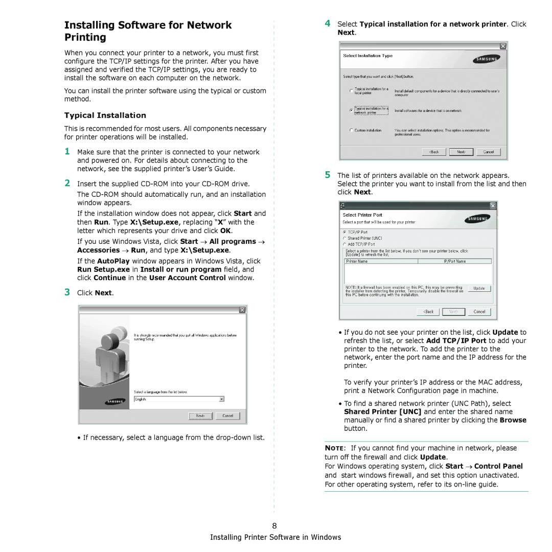 Samsung CLX-6240 Series, CLX-6200 manual Installing Software for Network Printing 