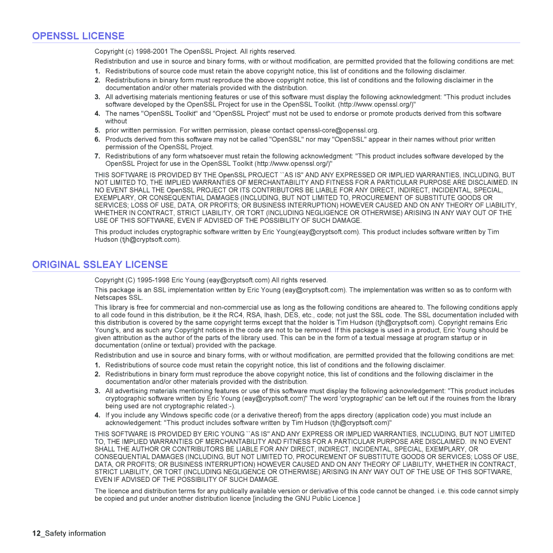 Samsung CLX-6240 Series, CLX-6200 manual Openssl License, Original Ssleay License 