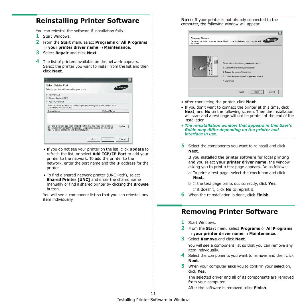 Samsung CLX-6200, CLX-6240 Series manual Reinstalling Printer Software, Removing Printer Software 