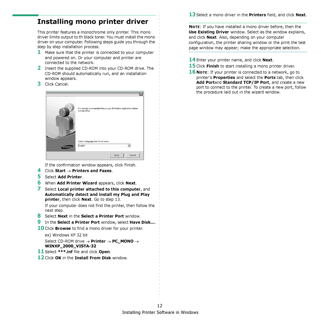 Samsung CLX-6240 Series, CLX-6200 manual Installing mono printer driver, Click OK in the Install From Disk window 