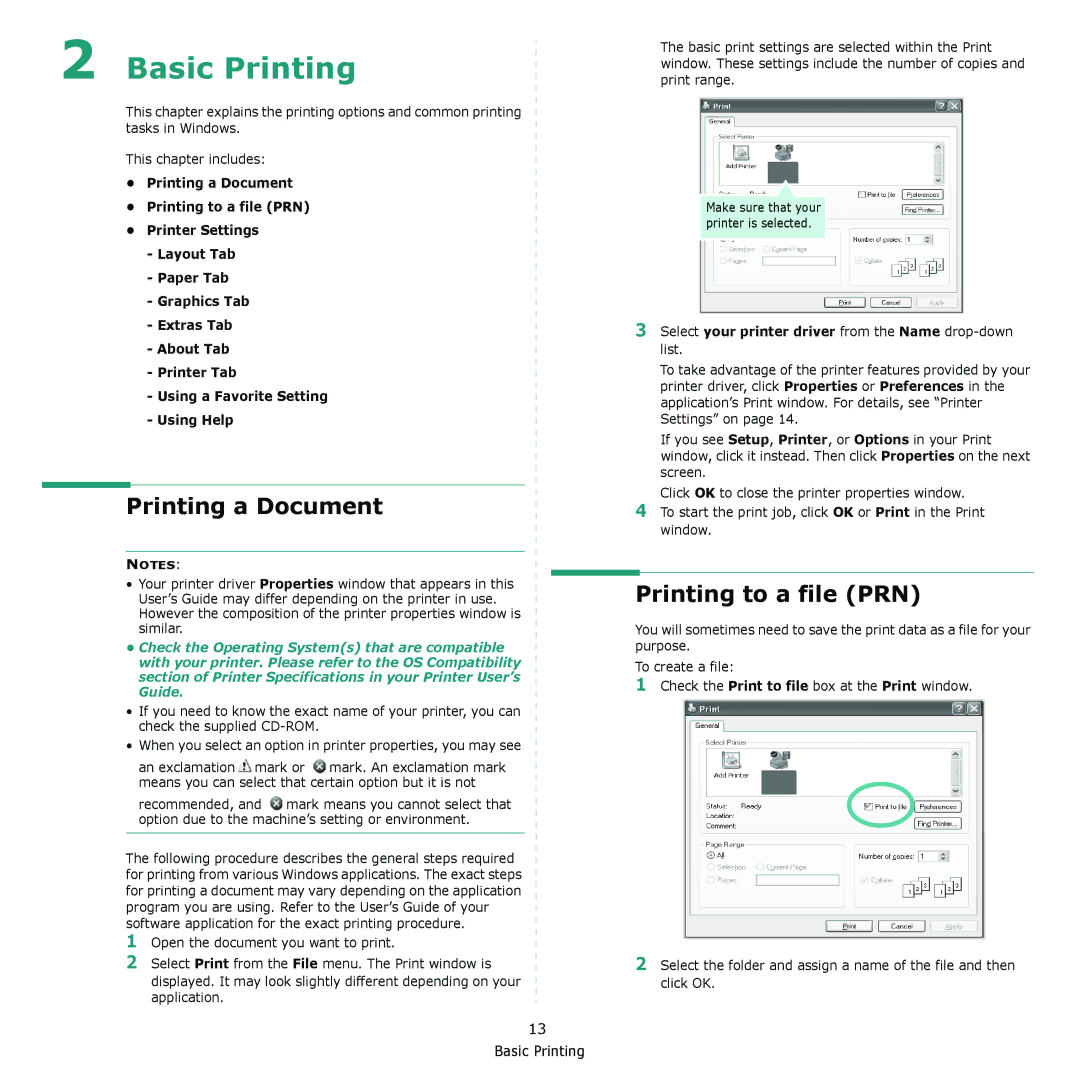 Samsung CLX-6200 Printing a Document, Printing to a file PRN, Select your printer driver from the Name drop-down list 