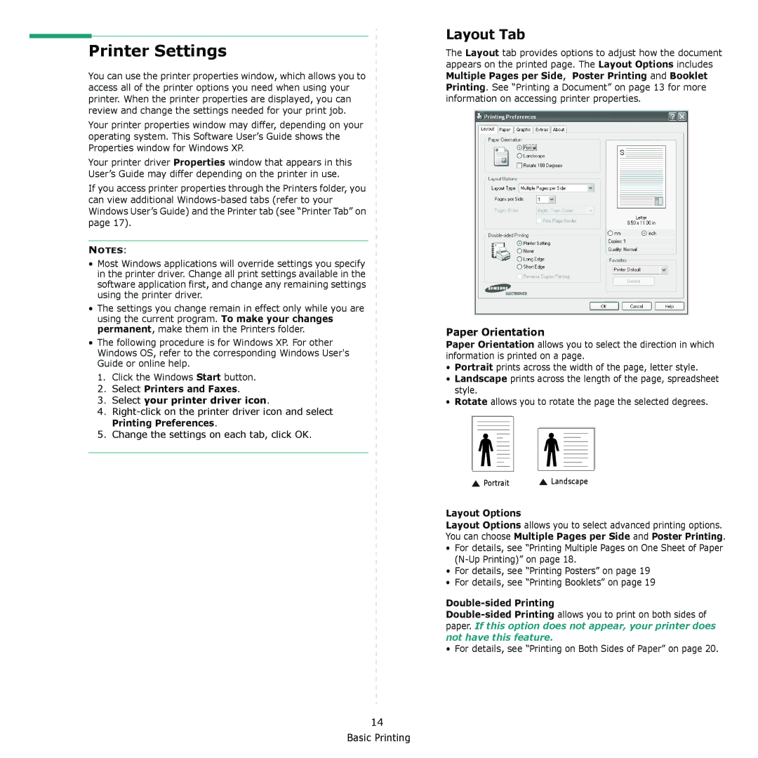 Samsung CLX-6240 Series, CLX-6200 Printer Settings, Layout Tab, Select Printers and Faxes Select your printer driver icon 