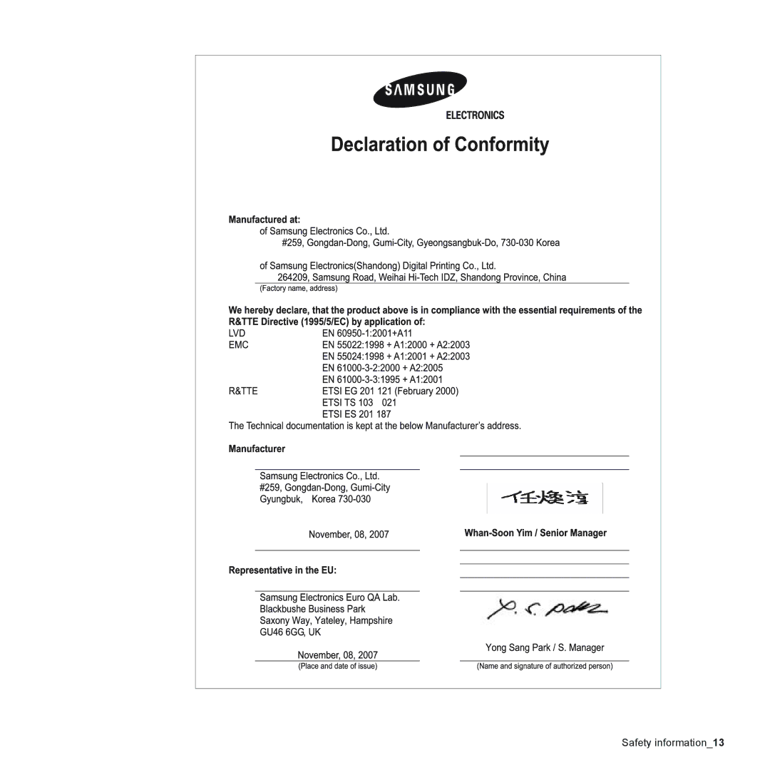 Samsung CLX-6200, CLX-6240 Series manual Safety information13 