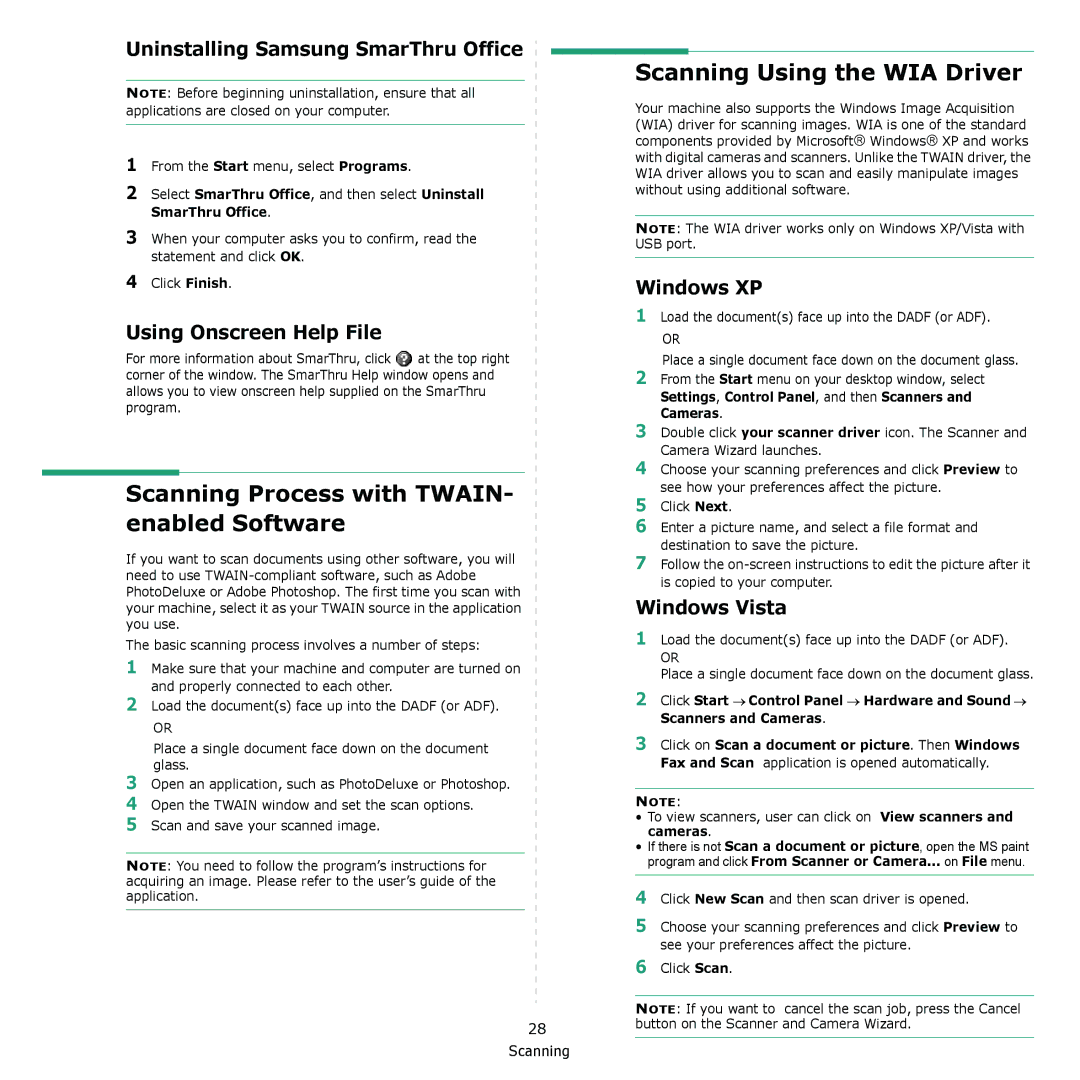 Samsung CLX-6240 Series, CLX-6200 manual Scanning Process with TWAIN- enabled Software, Scanning Using the WIA Driver 