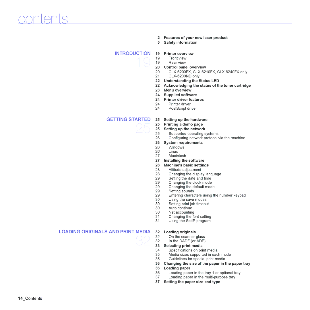 Samsung CLX-6240 Series, CLX-6200 manual Contents 