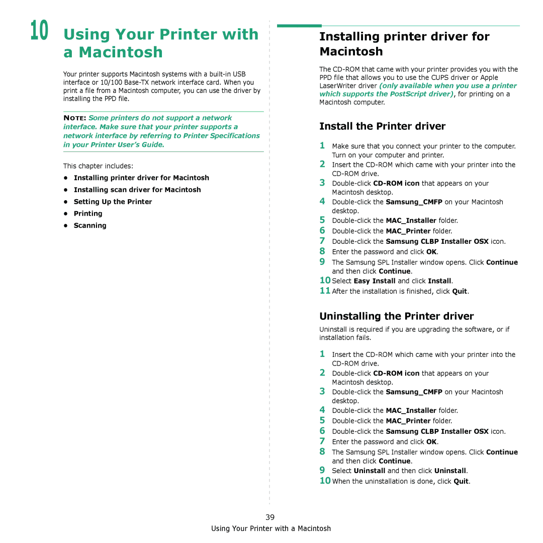 Samsung CLX-6200 Installing printer driver for Macintosh, Install the Printer driver, Uninstalling the Printer driver 