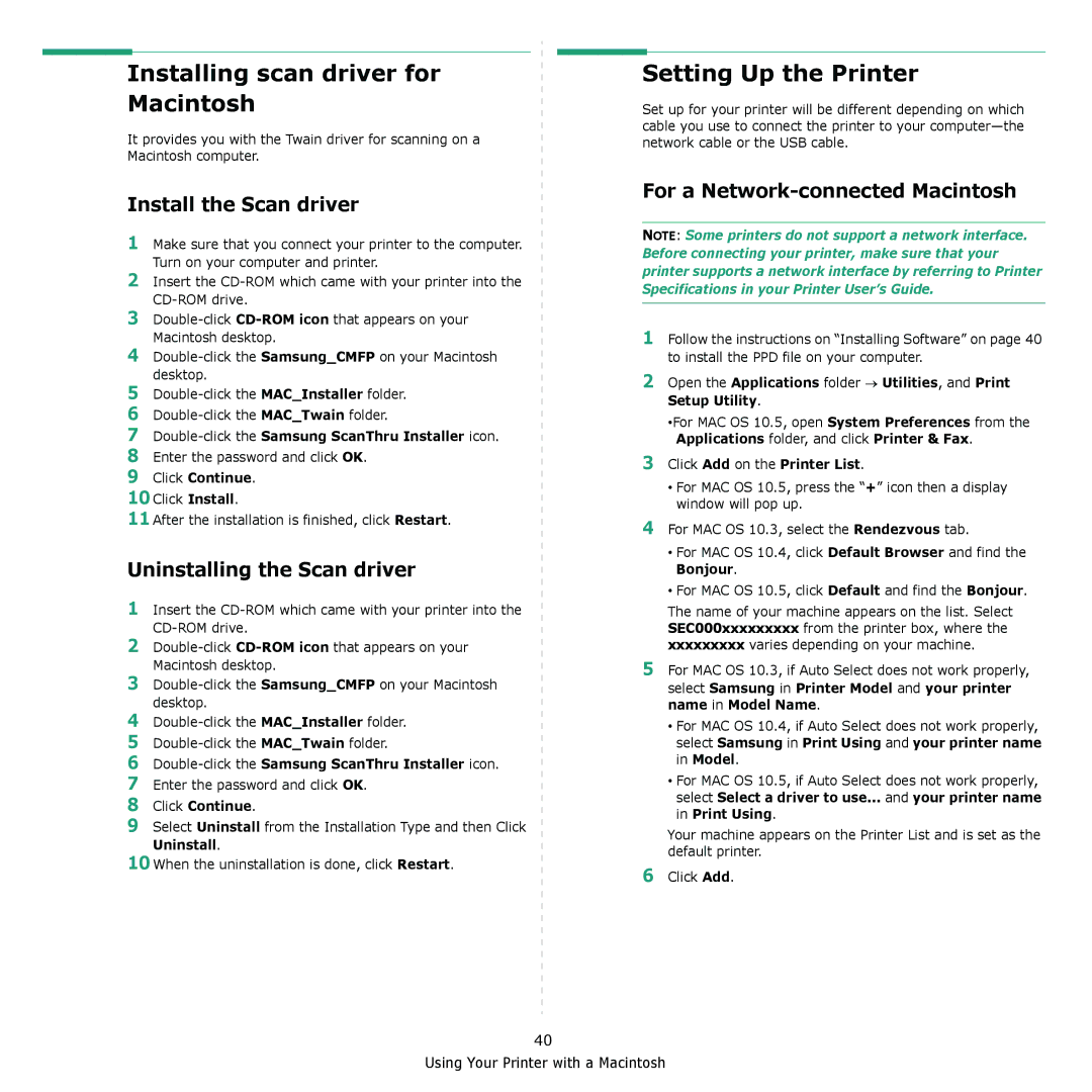 Samsung CLX-6240 Series, CLX-6200 Installing scan driver for Macintosh, Setting Up the Printer, Install the Scan driver 