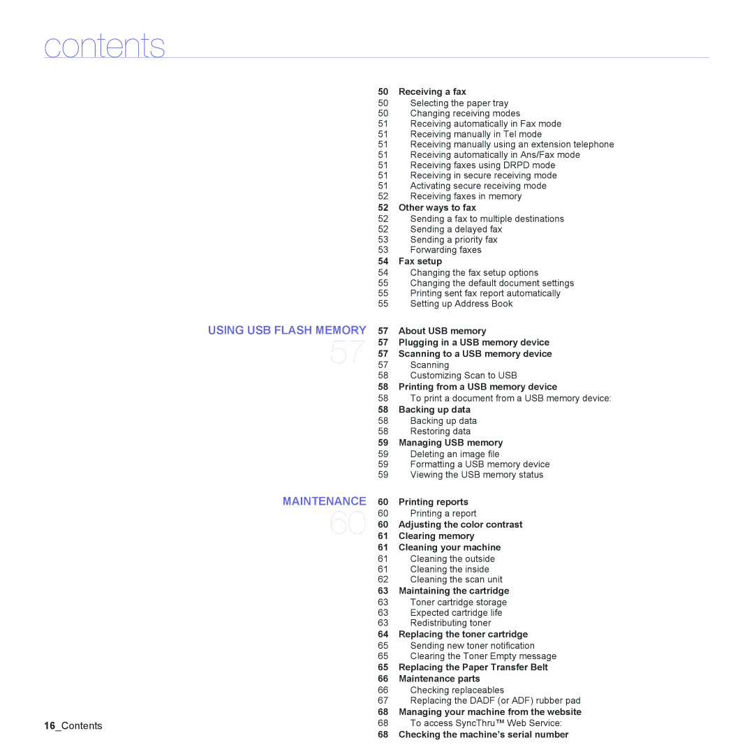 Samsung CLX-6240 Series Receiving a fax, Other ways to fax, Fax setup, Printing from a USB memory device, Backing up data 