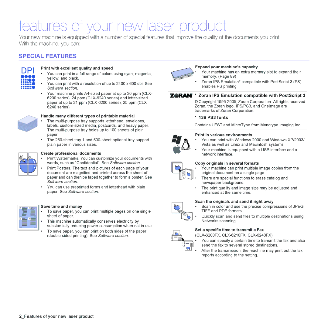 Samsung CLX-6240 Series, CLX-6200 manual Features of your new laser product, Special Features 