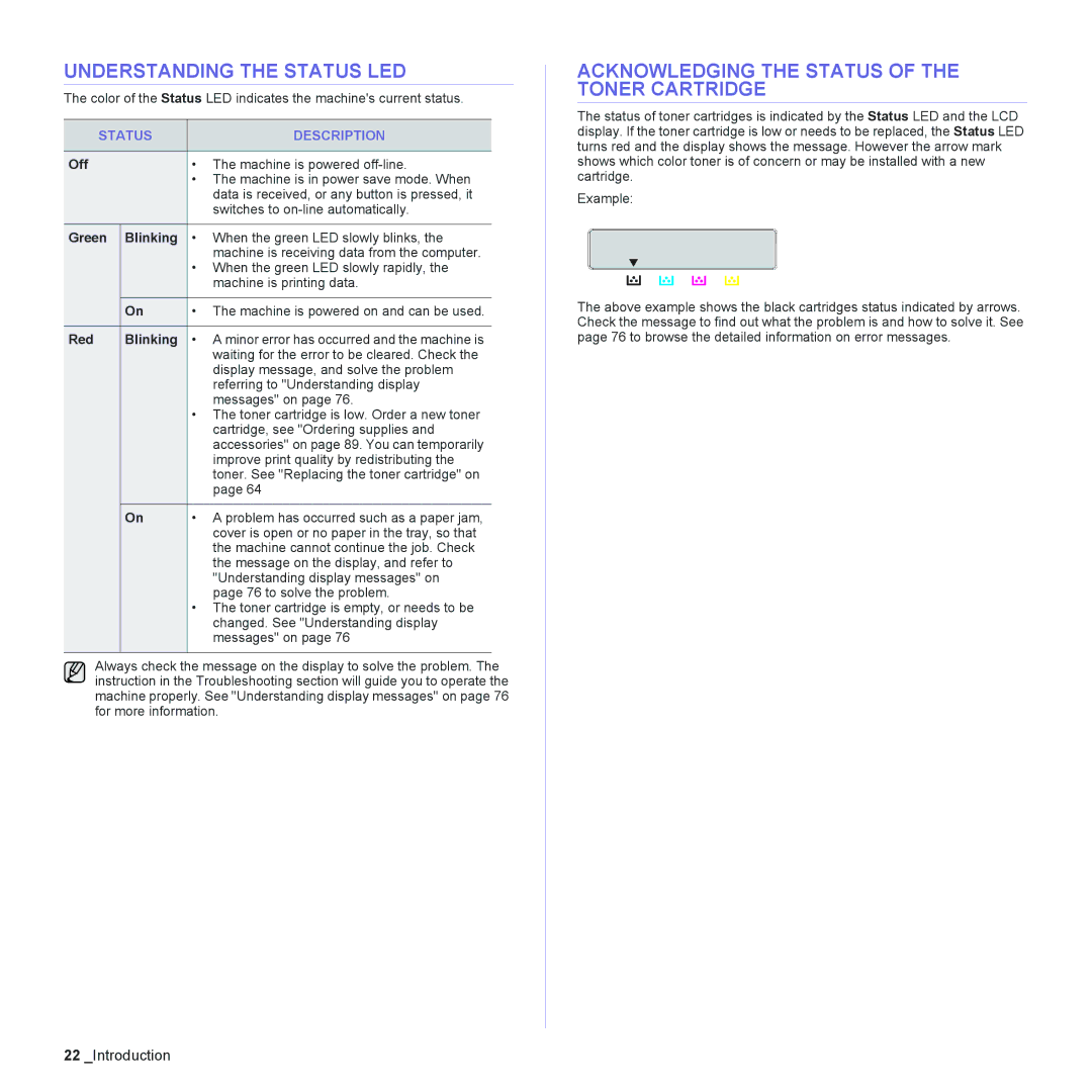 Samsung CLX-6240 Series Understanding the Status LED, Acknowledging the Status of the Toner Cartridge, Status Description 