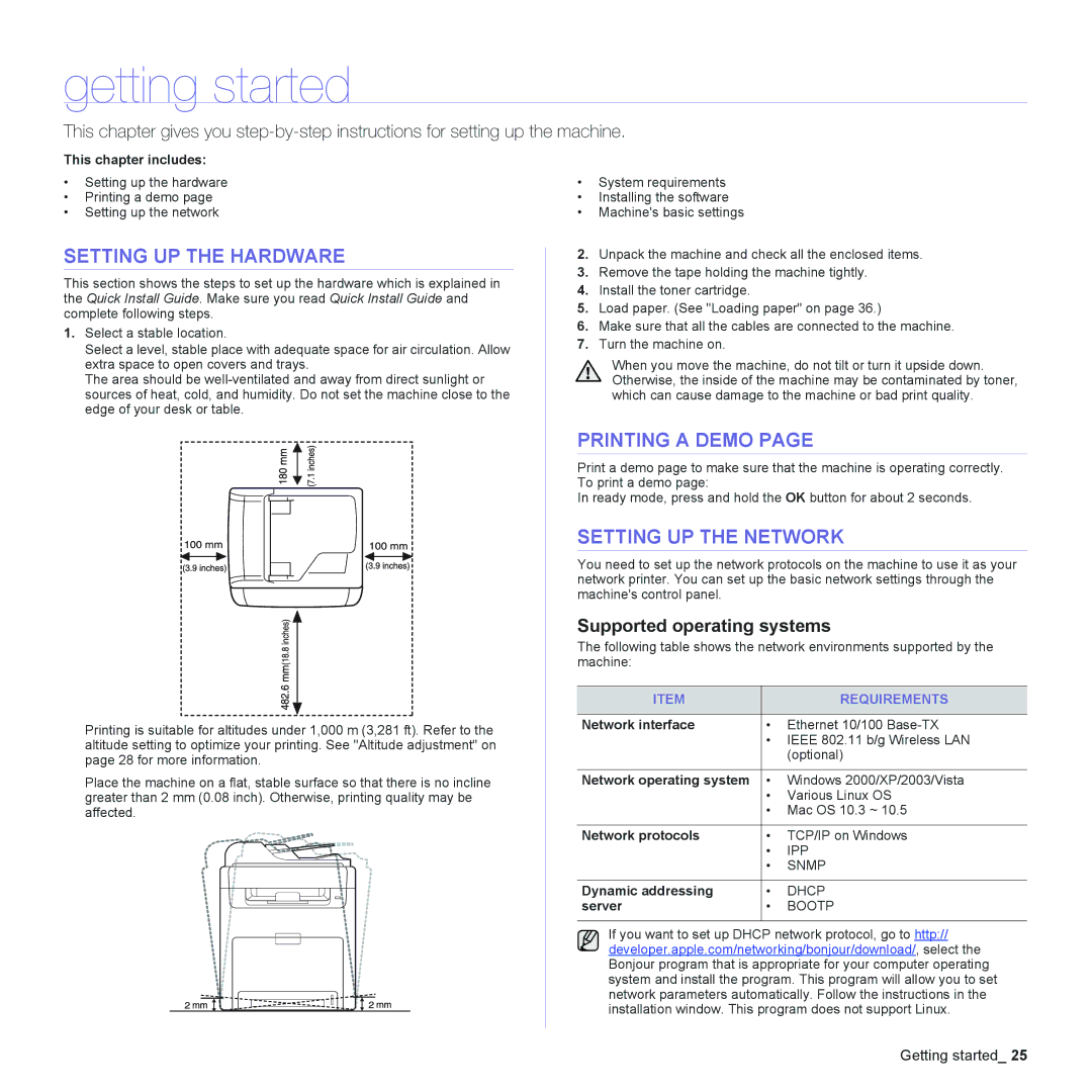 Samsung CLX-6200, CLX-6240 Series manual Getting started, Setting UP the Hardware, Printing a Demo, Setting UP the Network 