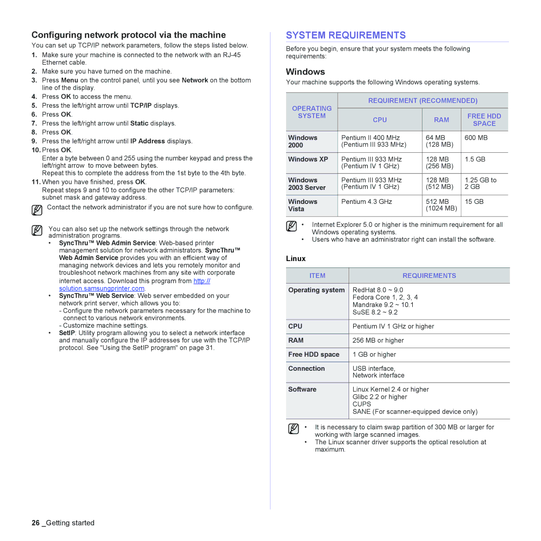 Samsung CLX-6240 Series, CLX-6200 manual System Requirements, Configuring network protocol via the machine, Windows 