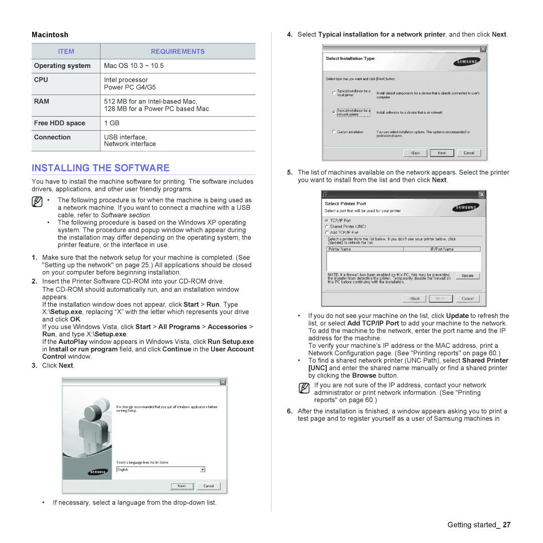 Samsung CLX-6200, CLX-6240 Series manual Installing the Software, Free HDD space Connection 