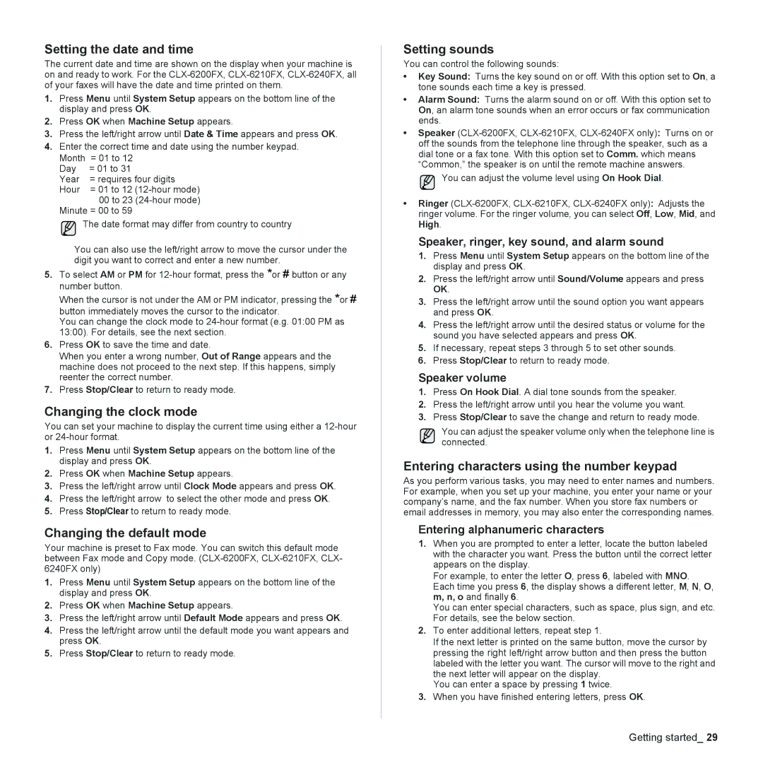 Samsung CLX-6200 manual Setting the date and time, Changing the clock mode, Changing the default mode, Setting sounds 