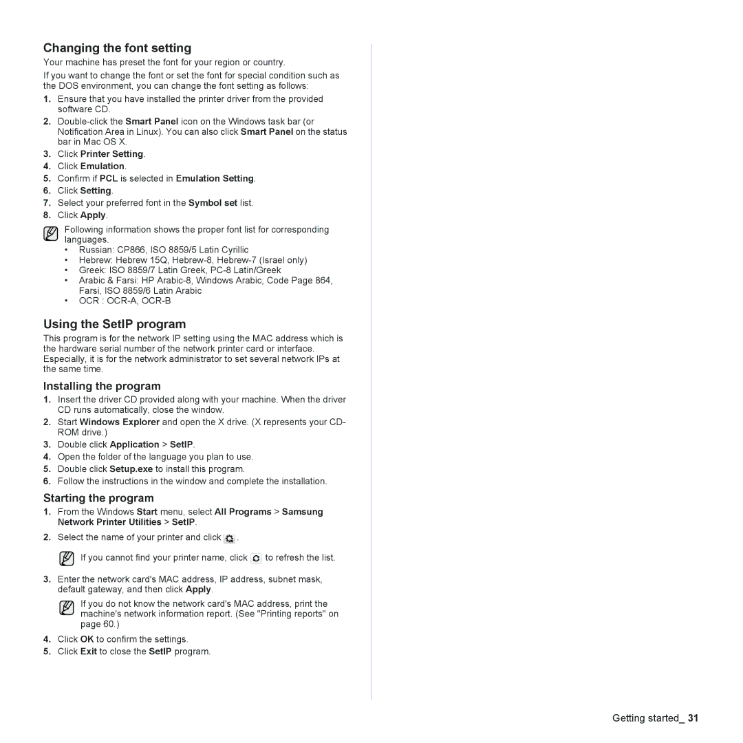 Samsung CLX-6200 manual Changing the font setting, Using the SetIP program, Installing the program, Starting the program 